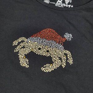 Coral Bay Christmas Crab Rhinestone Embellished Black 3/4 Sleeve Shirt Cotton L